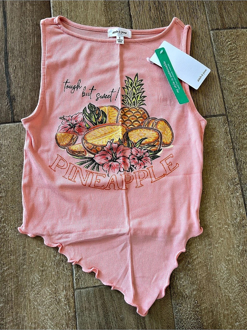 NWT Stich & Pine Ribbed Pink Asymmetrical Pineapple Crop Top Size Small